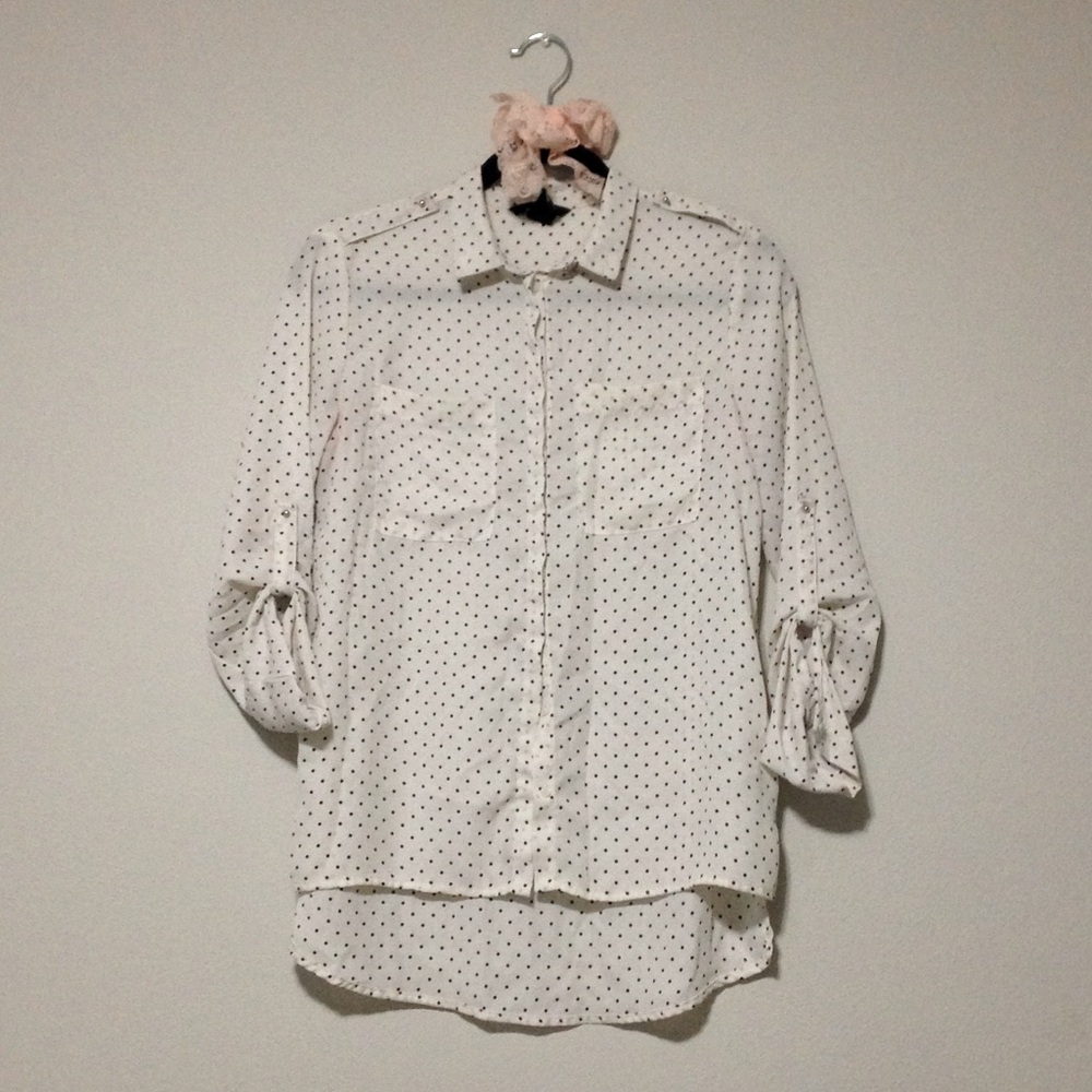 H&M White Polka Dot Collared Button-up Long Sleeve Shirt Blouse
